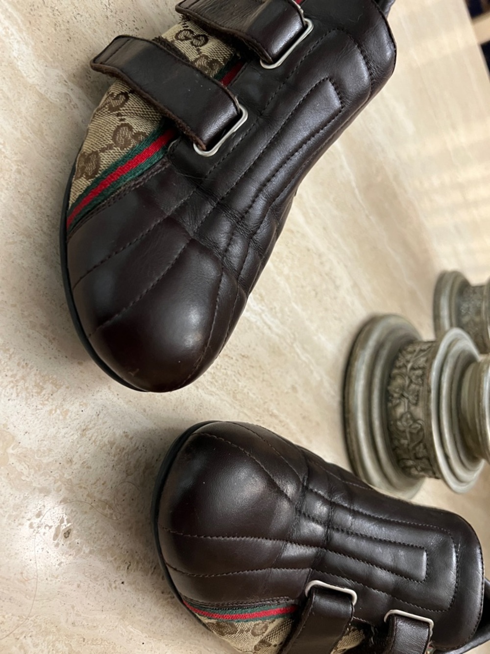 Gucci Brown Leather & GG Canvas Velcro Men’s Sneakers with Web Stripe - Picture 10 of 13
